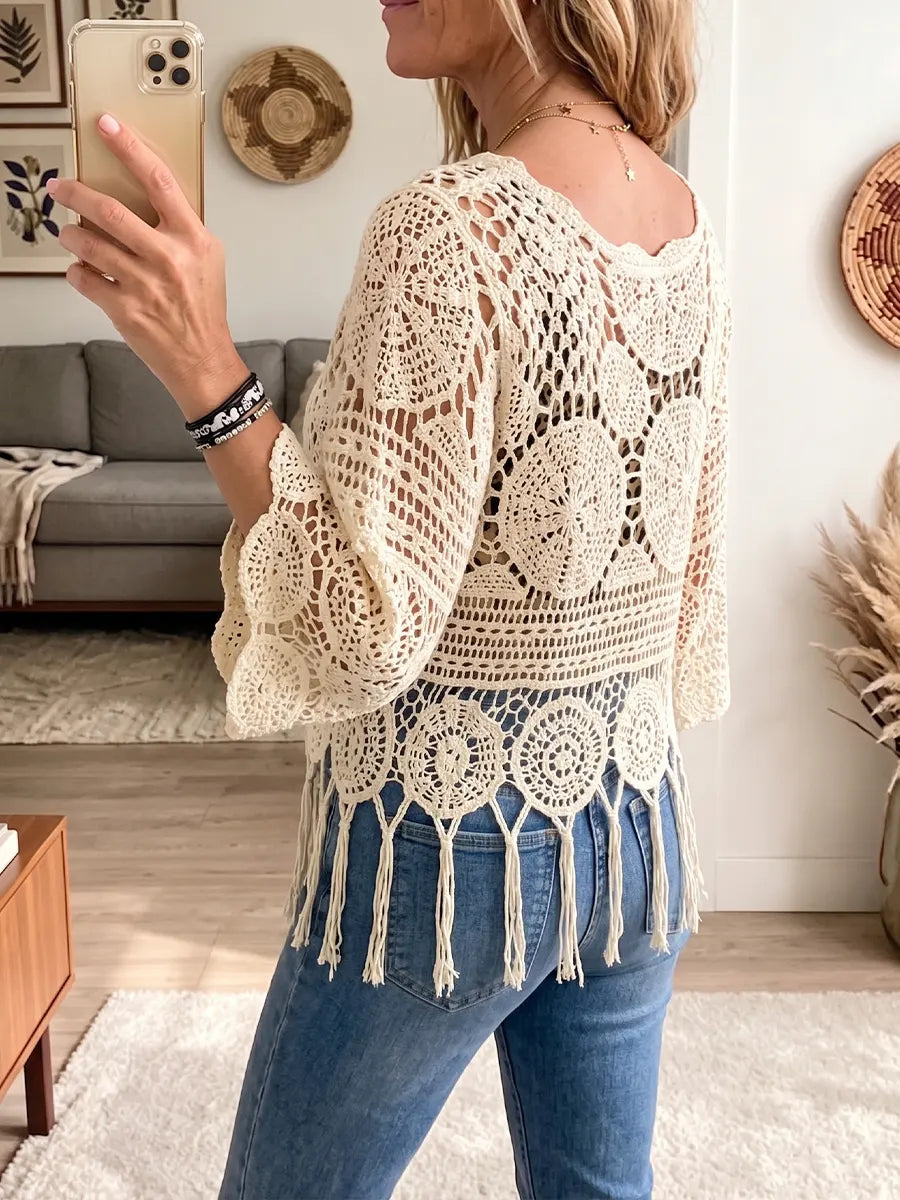 Vintage Elegant Tassel Crochet Openwork Shirt