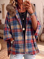 Plaid Faux Fur Hood Zip Up Batwing Sleeve Cape Coat