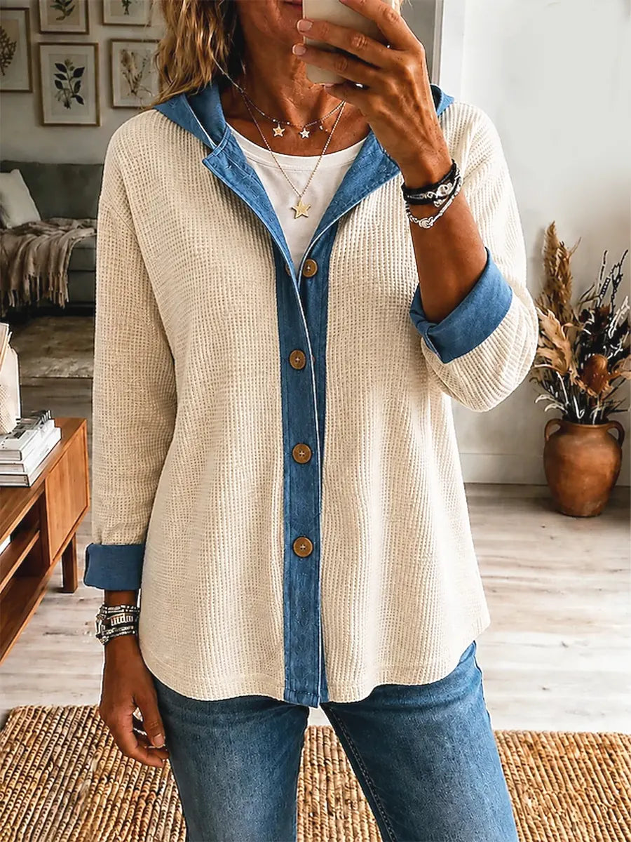 Retro Waffle Hooded Art Casual Stylish Denim Patchwork Long Sleeve Coat