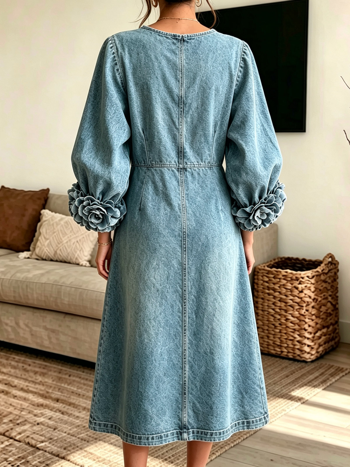 Women's 3D Rose Cuff Denim Midi Dress