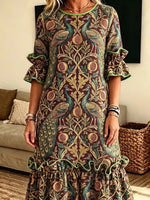Retro Floral Peacock Pattern Art Print Casual Ruffle Stylish Cotton Linen Dress