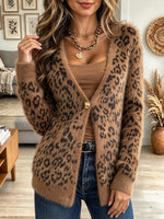 Women's Brown Leopard Print Fuzzy Knit Cardigan Sweater with Single Button