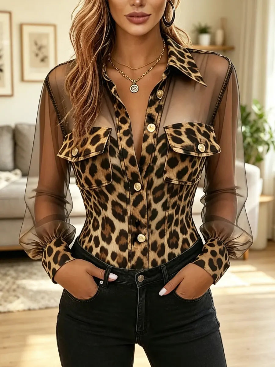 Retro Leopard Art Print Casual Stylish Chiffon Patchwork Long Sleeve Shirt