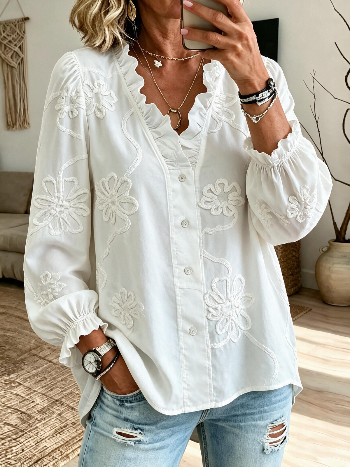 Women's long-sleeved embroidered ruffled blouse