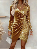 Velvet Sequin Patchwork Wrap Mini Dress Long Sleeve V‑Neck Party Cocktail Dress