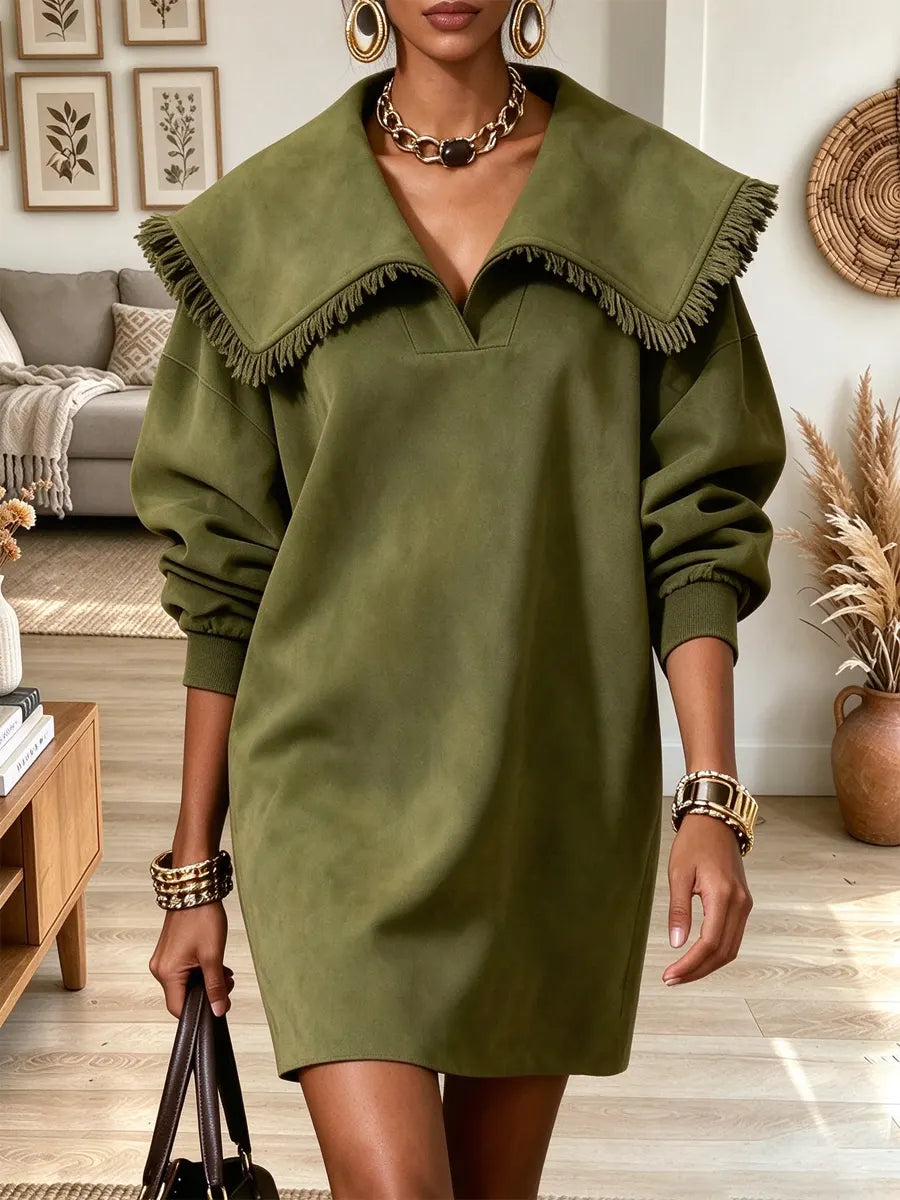 Vintage Chic Lapel Fringe Art Casual Stylish Long Sleeve Mini Sweatshirt Dress