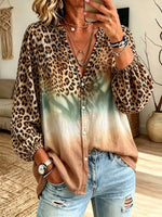 Women's Leopard Gradient Tie-dye Patchwork V-neck Lantern Sleeve Blouse