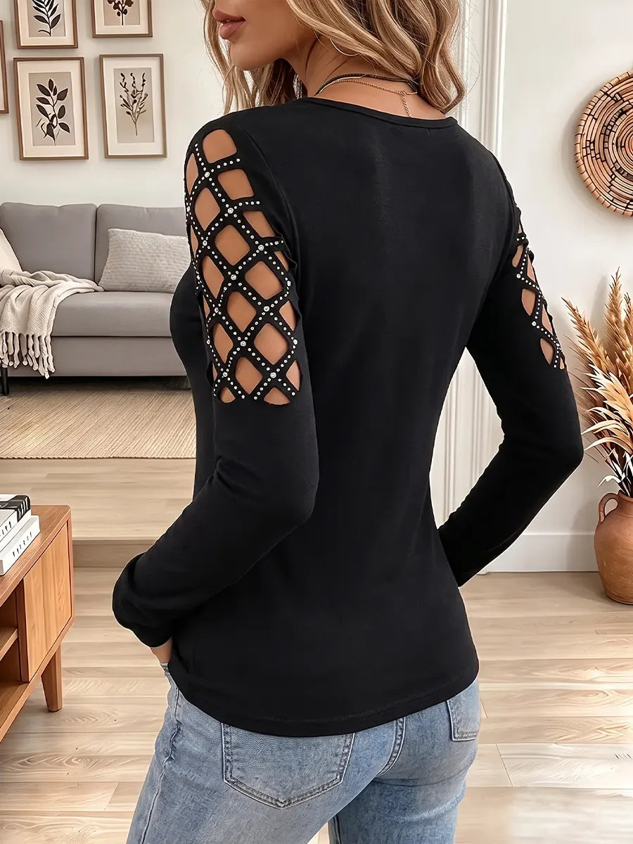Vintage Elegant Patchwork Cut-out Rhinestone Embellishment Shirt