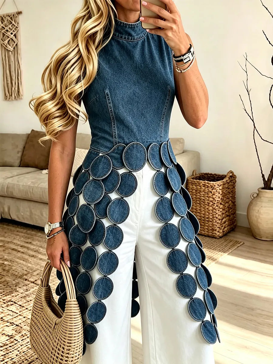 Women's Sleeveless Stand Collar Denim Top
