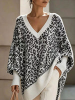 Women Oversized V‑Neck Leopard Print Batwing Sleeve Knit Sweater