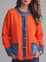 Women Orange Sweatshirt Denim Spliced Frog Button Long Sleeve Casual Jacket With Pockets