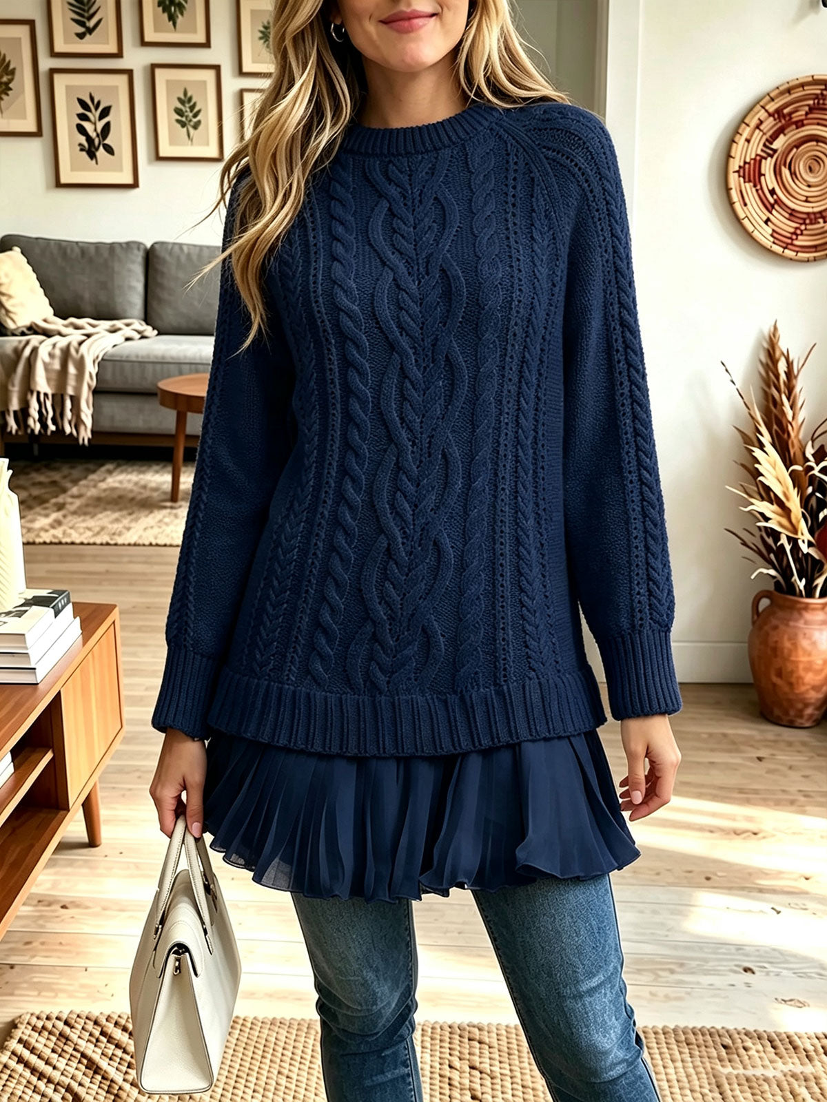 Women Cable‑Knit Mock Neck Chiffon Ruffle Hem Layered Sweater Tunic