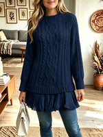 Women Cable‑Knit Mock Neck Chiffon Ruffle Hem Layered Sweater Tunic