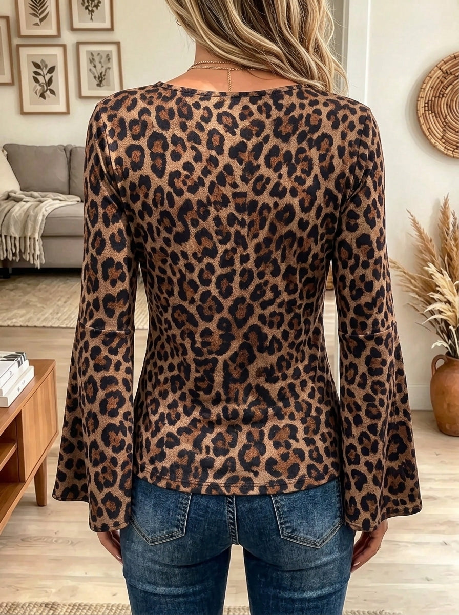 Women's Leopard Plunging V-Neck Ruched Bell-Sleeve Top