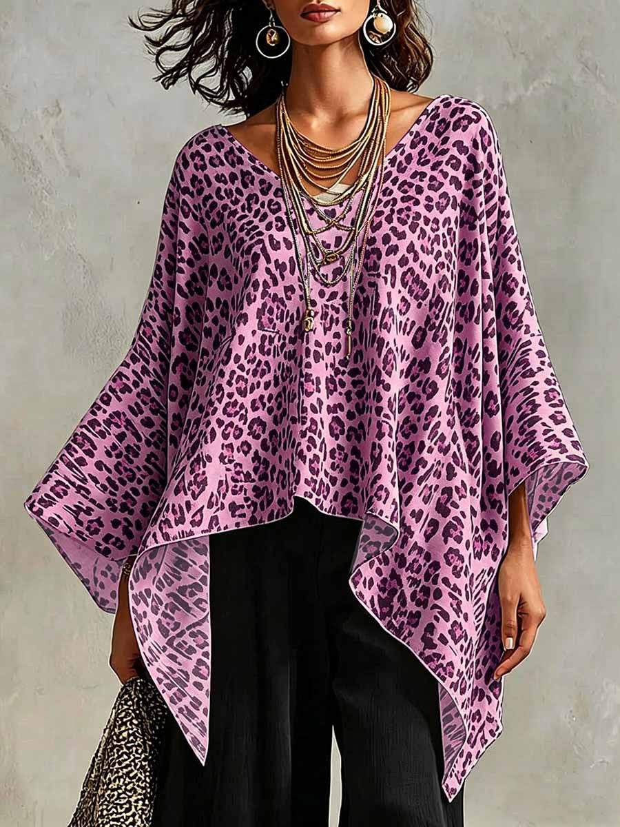 Retro Leopard Pattern Art Stylish Casual 3/4 Batwing Sleeve Top