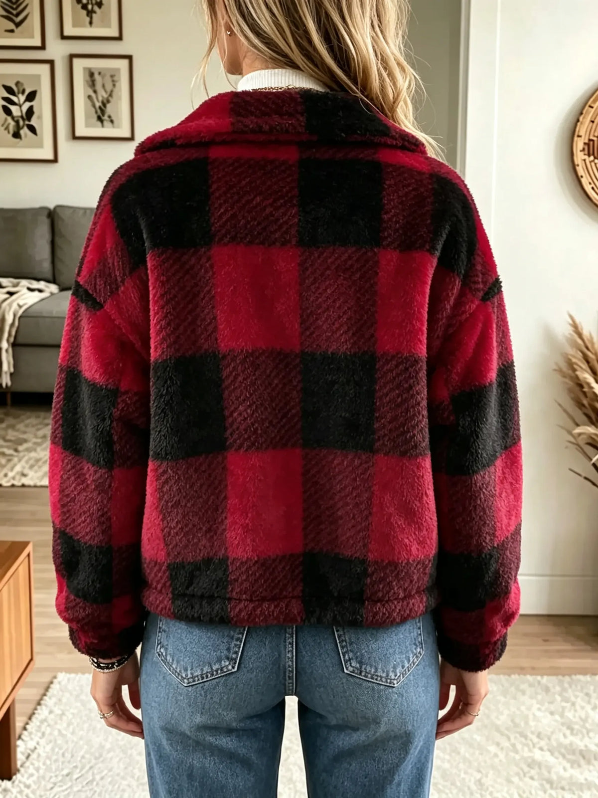 Women's Buffalo Plaid Fuzzy Fleece Jacket