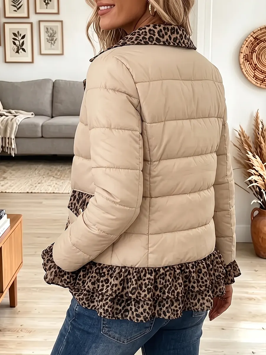 Vintage Elegant Leopard Print Ruffled Patchwork Quilted Winter Jacket