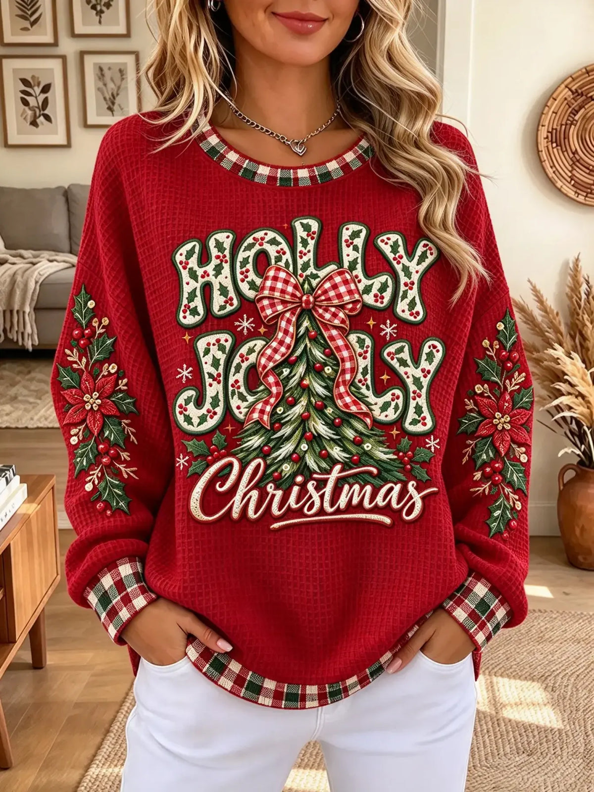Women's Holly Jolly Christmas Waffle Knit Top