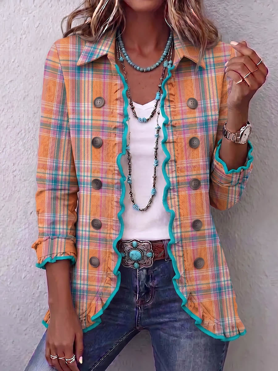 Vintage Elegant Plaid Patchwork Ruffled Jacket