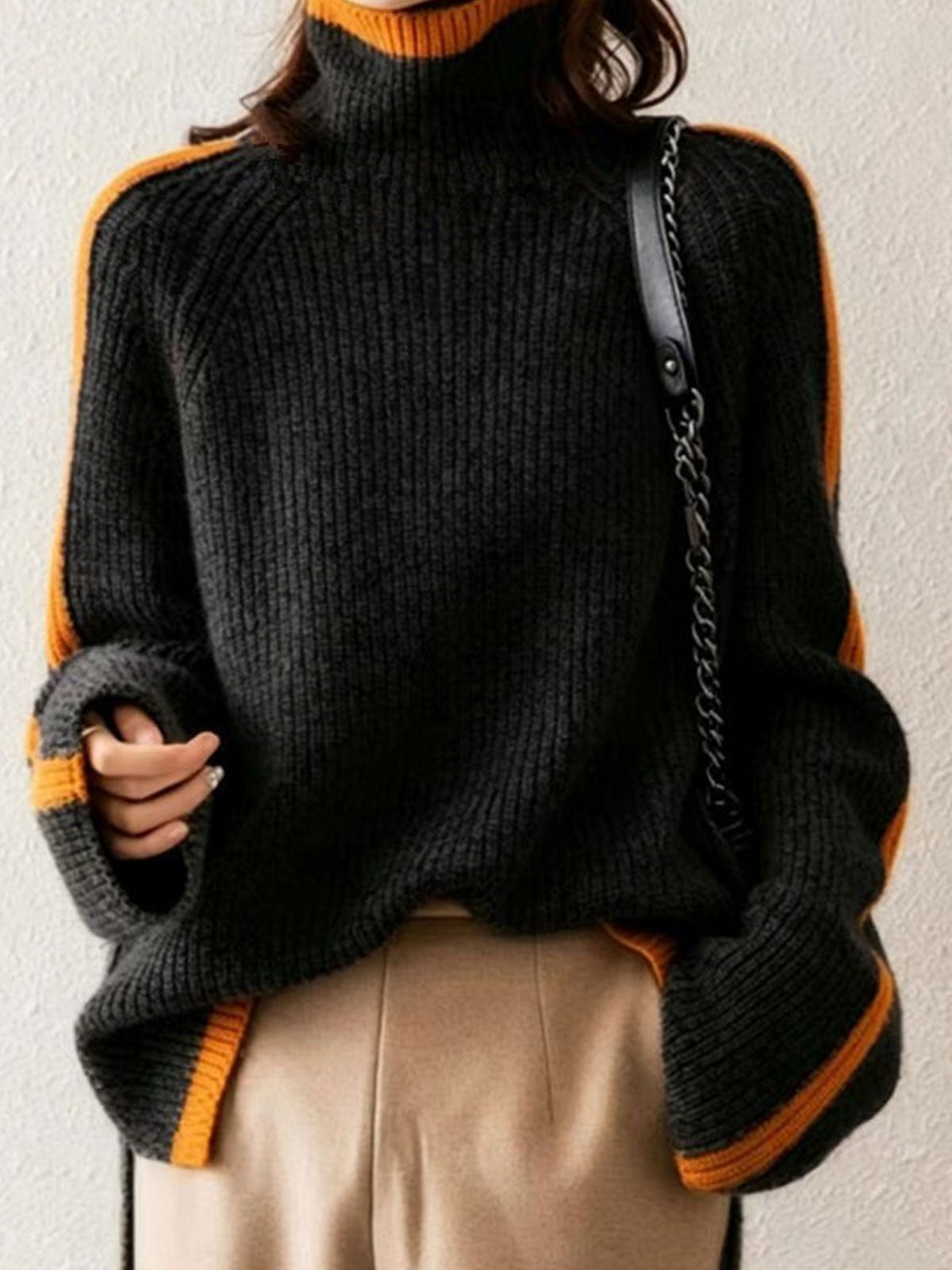 Women Turtleneck Color‑Block Raglan Sleeve Knit Sweater