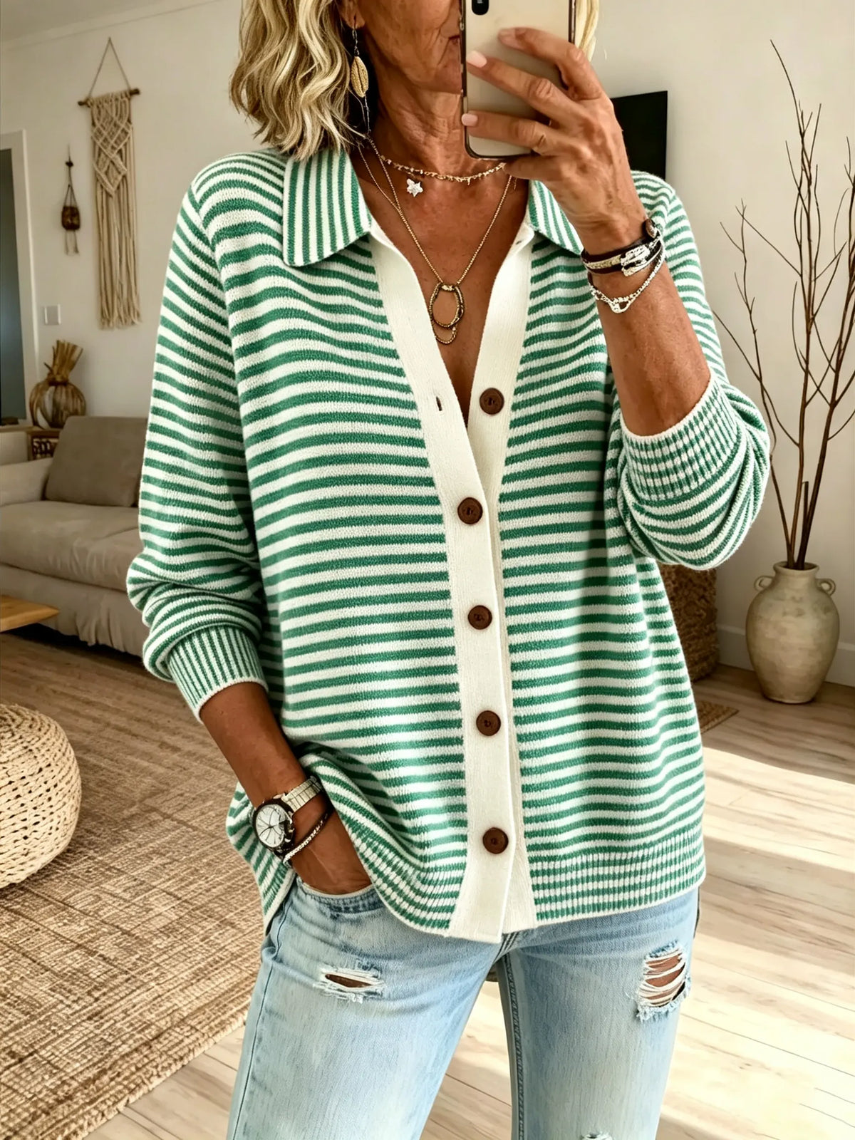 Women Green White Horizontal Stripe Collared Single Breasted Loose Knit Cardigan