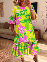 Women Tropical Floral Ruffle Midi Dress Round Neck Flounce Sleeve Loose Casual Dress With Pockets