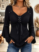 Women's Black Long Sleeve Top with Lace-Up Front and Metal Grommet Trim