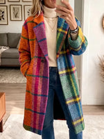 Vintage Elegant Woolen Fabric Plaid Coat