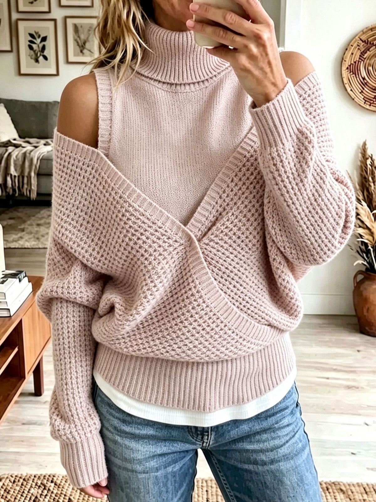 2‑In‑1 Cold Shoulder Turtleneck Knit Sweater, Wrap V‑Neck Pullover