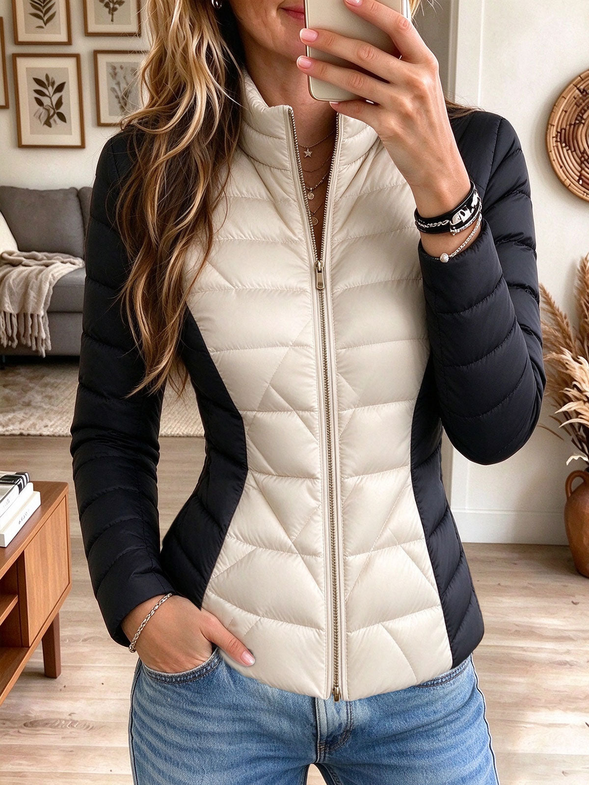Women's Beige and Black Colorblock Quilted Zip-Up Puffer Jacket