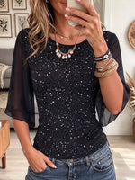 Women's Sequin Sheer Mesh Puff Sleeve Top