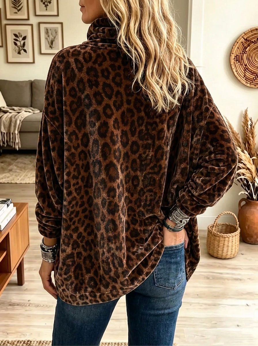 Women's Leopard Print Asymmetrical Button Fleece Pullover