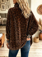 Women's Leopard Print Asymmetrical Button Fleece Pullover