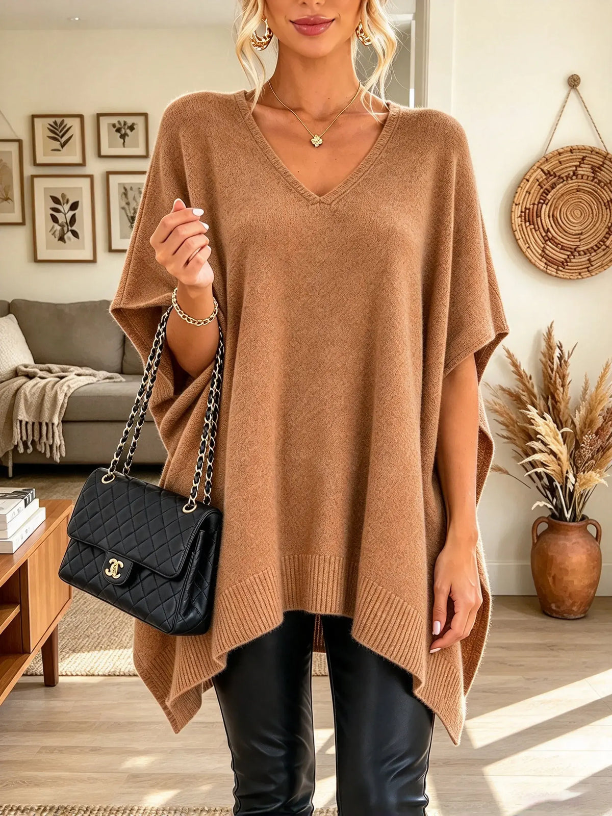 Women's Oversized V-Neck Poncho Sweater