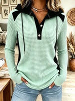 Women's Waffle Knit Colorblock Henley Hoodie