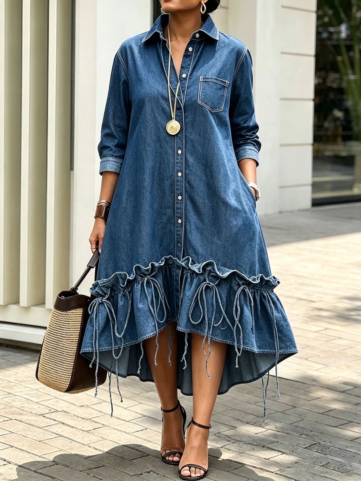 Women Denim Shirt Midi Dress Long Sleeve Button Down Ruffle Tie‑Detail Hi‑Lo Hem Dress With Pockets