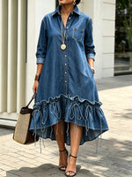 Women Denim Shirt Midi Dress Long Sleeve Button Down Ruffle Tie‑Detail Hi‑Lo Hem Dress With Pockets