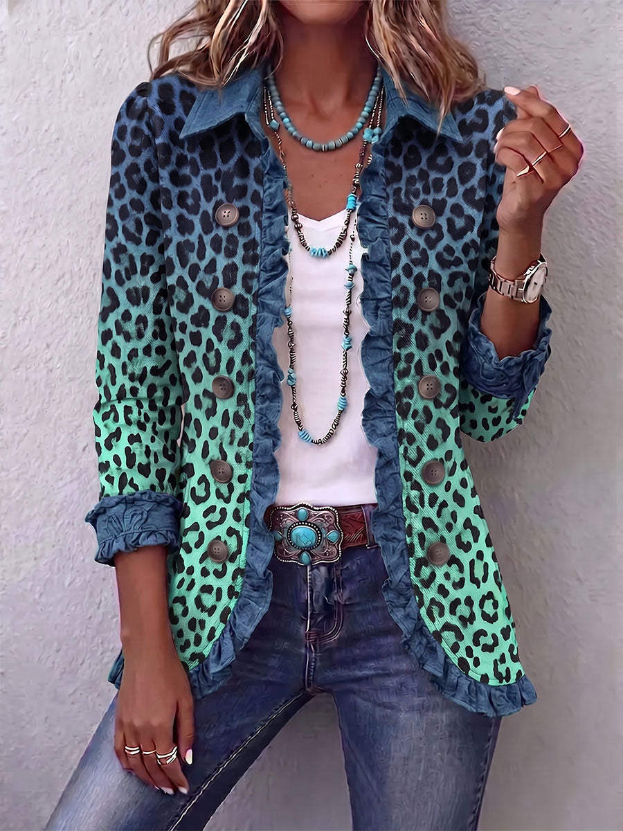 Vintage Elegant Pattern Patchwork Denim Ruffled Jacket
