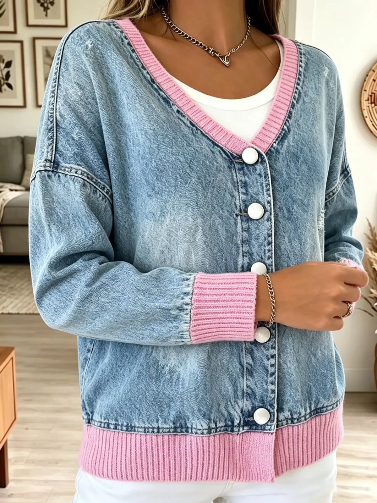 Women's Ribbed Trim Oversized Denim Cardigan