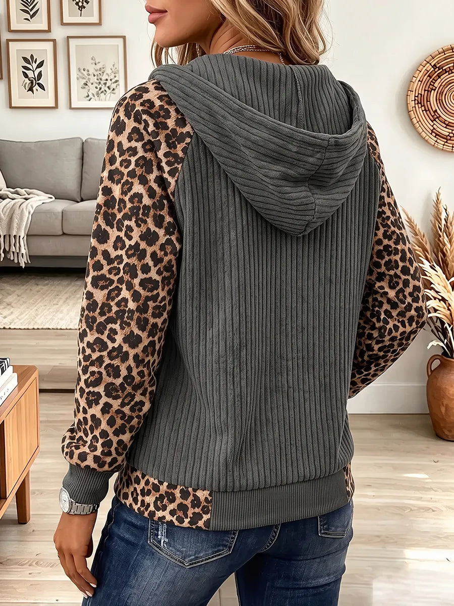 Vintage Elegant Knitted Fabric Patchwork Leopard Hooded Jacket