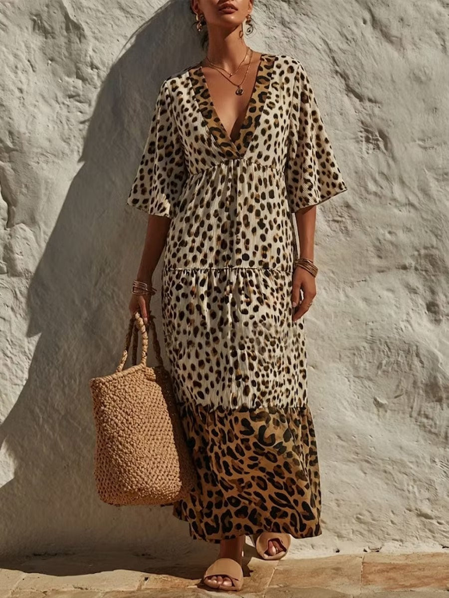 Women Leopard Print Tiered Maxi Dress V‑Neck Flutter Short Sleeve Boho Vacation Long Dress