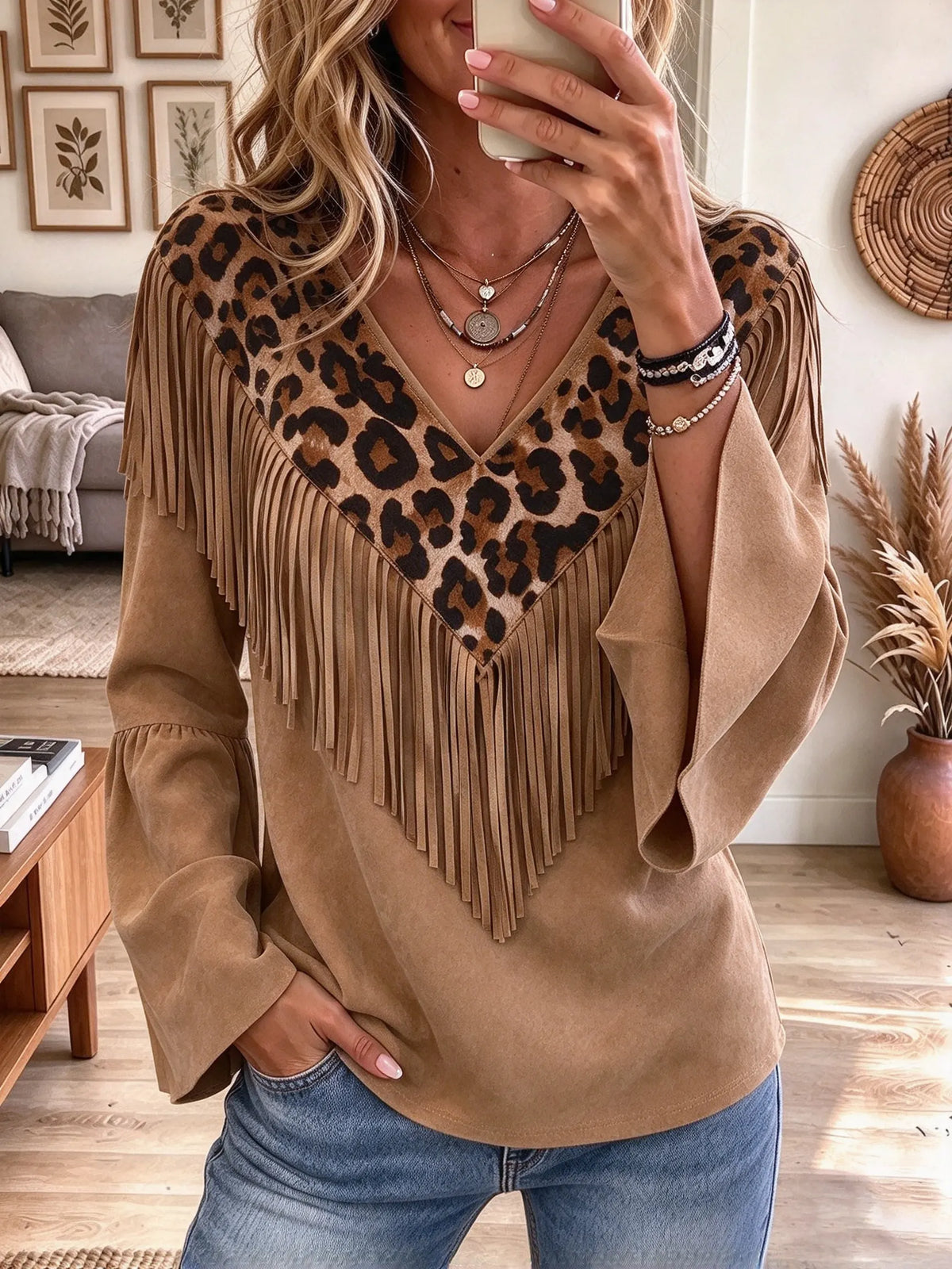Women's Leopard Patchwork Fringe Faux Suede Blouse