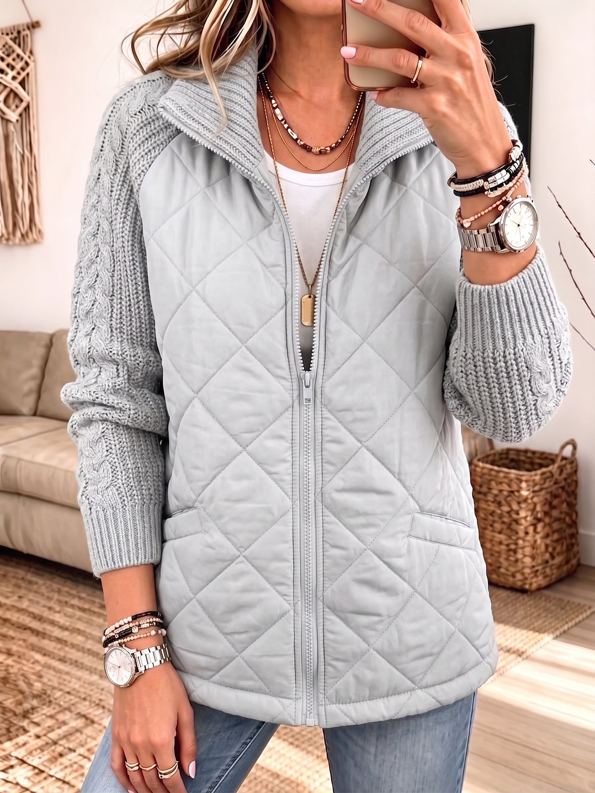 Women Quilted Knit Splice Zip‑Up Jacket, Stand Collar Mixed Media Casual Outerwear With Pockets