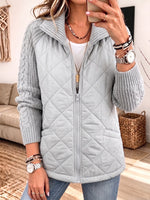 Women Quilted Knit Splice Zip‑Up Jacket, Stand Collar Mixed Media Casual Outerwear With Pockets