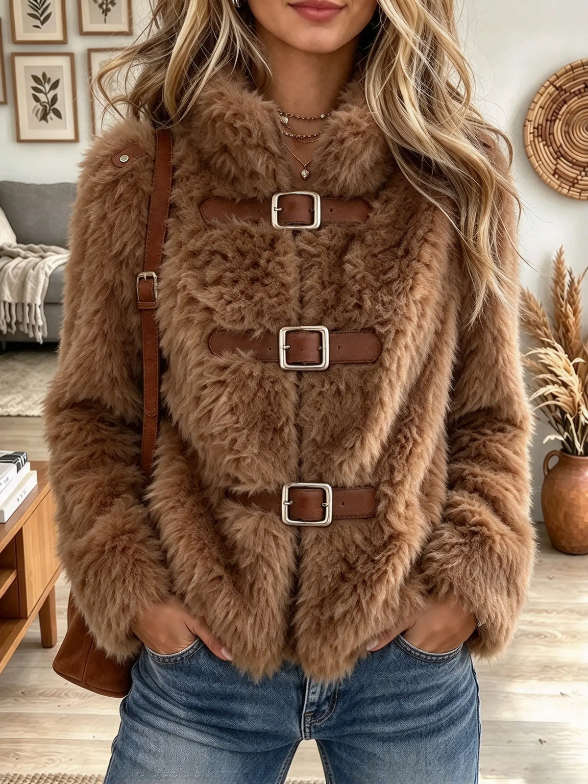 Women's Buckled Fux Fur Coat