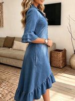 Women's High-Low Ruffle Hem Denim Shirt Dress