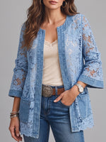 Women Floral Lace Denim Spliced Open Front Cardigan 3/4 Sleeve Casual Jacket With Pockets