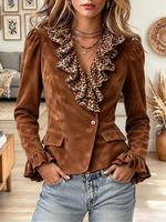 Vintage Elegant Leopard Print Patchwork Suede Jacket