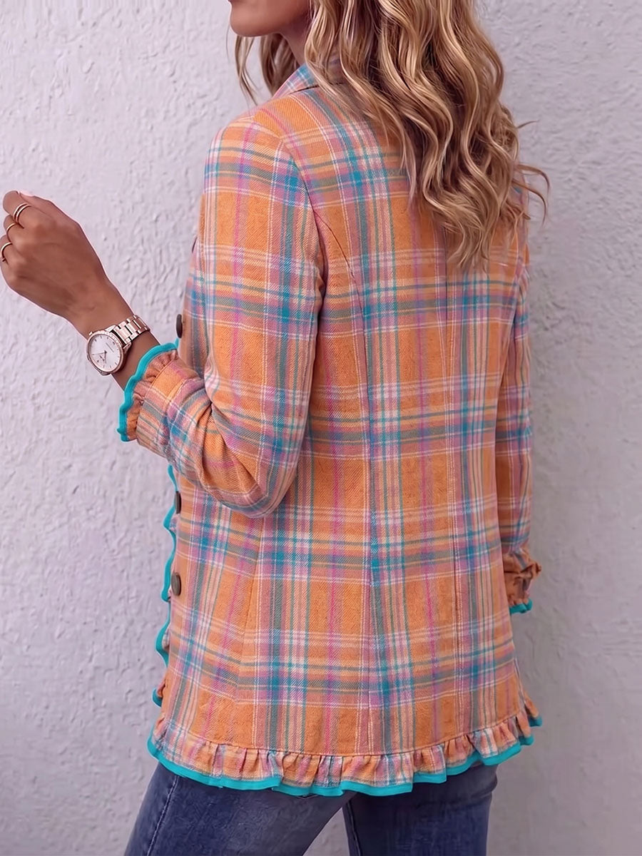 Vintage Elegant Plaid Patchwork Ruffled Jacket