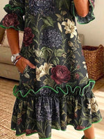 Retro Floral Pattern Art Print Casual Ruffle Stylish Cotton Linen Dress
